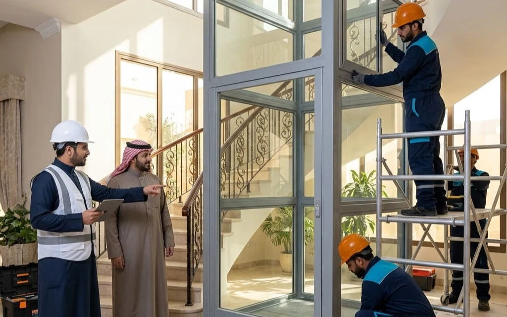 تركيب مصعد بدون تأسيس بهيكل ذاتي زجاجي داخل بيت قائم في السعودية من ضوء السلامة للمصاعد